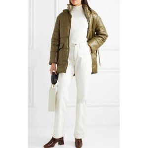 Nanushka Lenox Vegan Leather Tie Waist Puffer Coat in Army Green